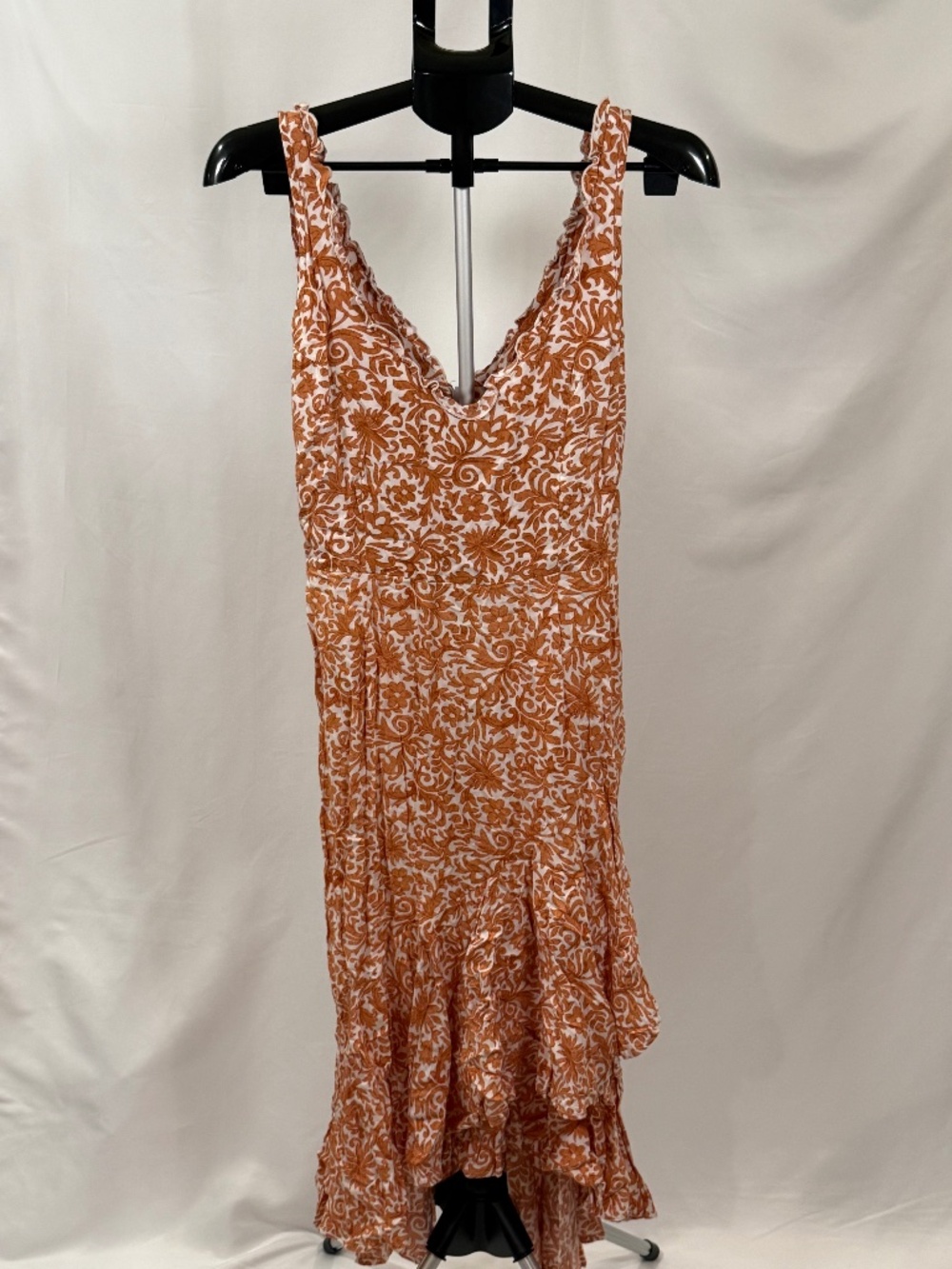 Boho Orange Floral Midi Dress Ruffle Hem Flowy Cottagecore Medium